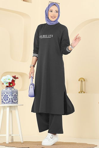 moda selvim طقم رمادي غامق 4122PM271 - Thumbnail