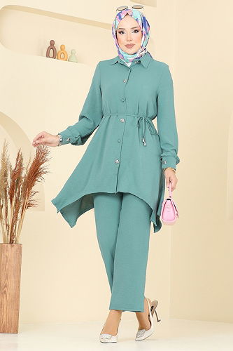 moda selvim طقم أخضر باهت 426DVL817 - Thumbnail