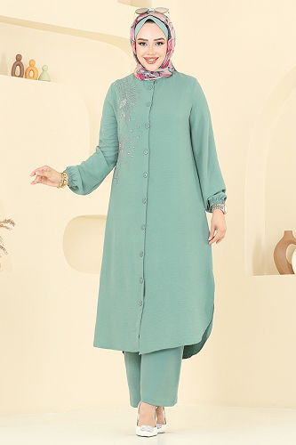 moda selvim طقم أخضر باهت 440DVL817 - Thumbnail