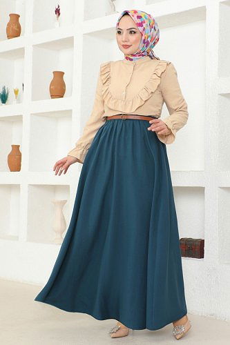 moda selvim طقم بيج وبترولي 4424AL357 - Thumbnail