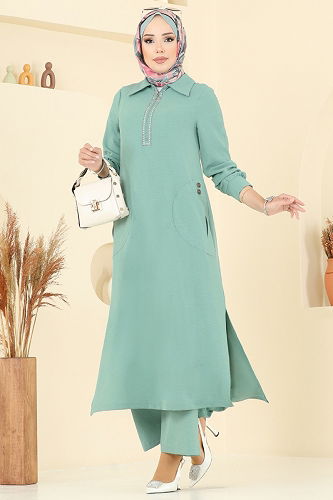 moda selvim طقم أخضر باهت 446DVL817 - Thumbnail