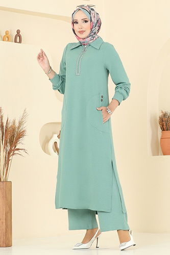 moda selvim طقم أخضر باهت 446DVL817 - Thumbnail