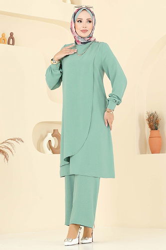 moda selvim طقم أخضر باهت 448DVL817 - Thumbnail