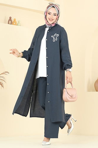 moda selvim طقم رمادي غامق 449DVL817 - Thumbnail