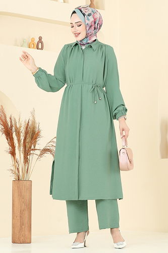 moda selvim طقم أخضر باهت 458DVL817 - Thumbnail