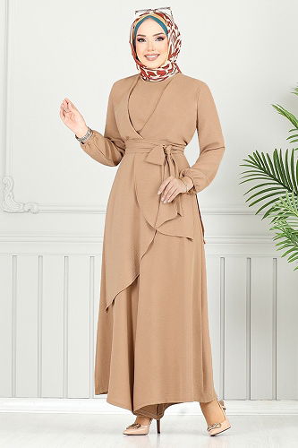 moda selvim طقم بيج غامق 4743ZNK903-M - Thumbnail