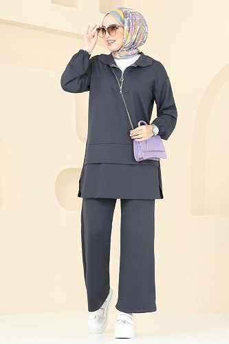 moda selvim طقم رمادي غامق 5017HBS856 - Thumbnail