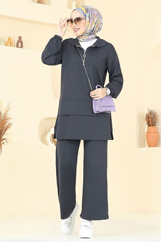 moda selvim طقم رمادي غامق 5017HBS856 - Thumbnail