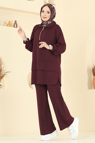 moda selvim طقم خمري غامق 5017HBS856 - Thumbnail