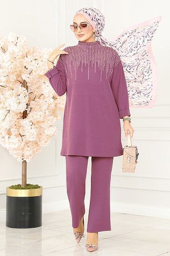 moda selvim طقم ليلكي غامق 5028TEG847 - Thumbnail