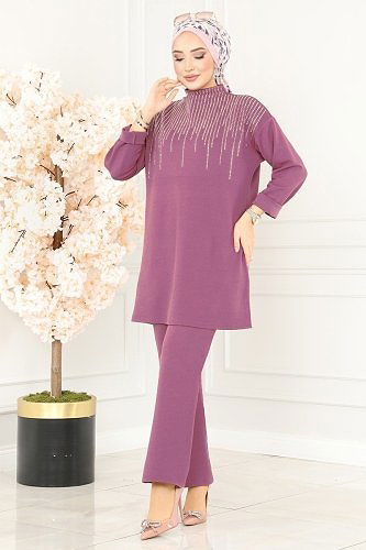 moda selvim طقم ليلكي غامق 5028TEG847 - Thumbnail