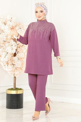 moda selvim طقم ليلكي غامق 5028TEG847 - Thumbnail