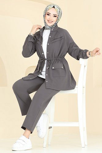 moda selvim طقم رمادي غامق 505MP806 - Thumbnail