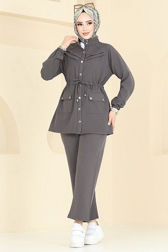 moda selvim طقم رمادي غامق 505MP806 - Thumbnail