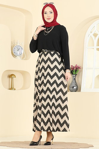 moda selvim طقم أسود وبيج 5582ZNN863 - Thumbnail