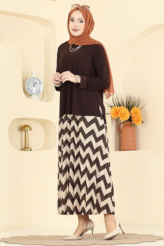 moda selvim طقم بني وبيج 5582ZNN863 - Thumbnail