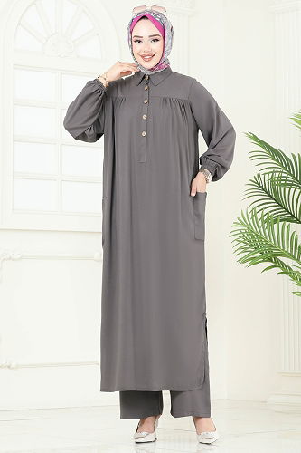 moda selvim طقم رمادي غامق 6061UZ662 - Thumbnail