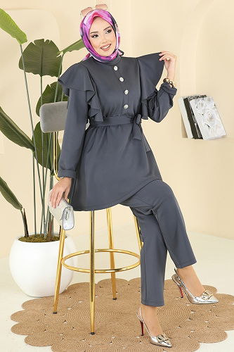 moda selvim طقم رمادي غامق 6099TEG847 - Thumbnail