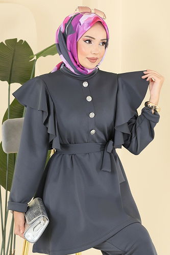 moda selvim طقم رمادي غامق 6099TEG847 - Thumbnail