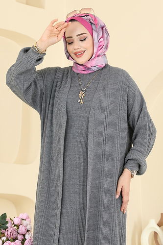 moda selvim طقم رمادي غامق 7080HBS856 - Thumbnail