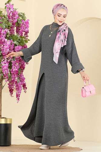 moda selvim طقم رمادي غامق 7081HBS856 - Thumbnail