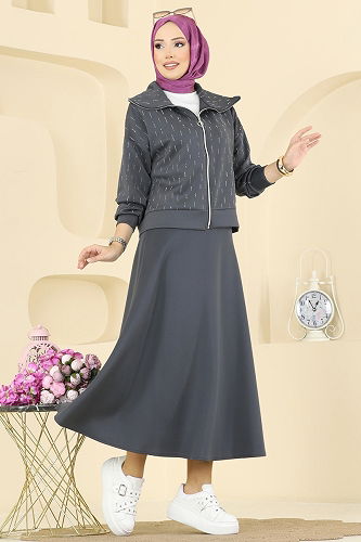 moda selvim طقم رمادي غامق 7099TEG847 - Thumbnail