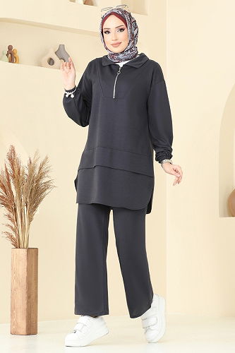 moda selvim طقم رمادي غامق 710HBS856 - Thumbnail