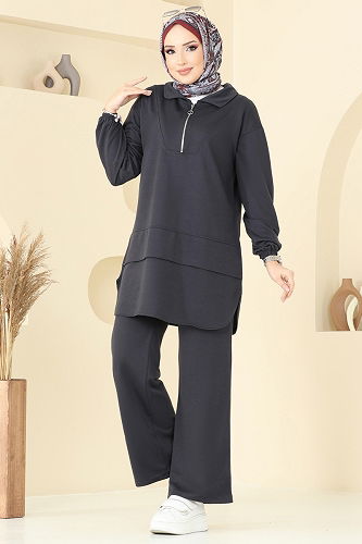 moda selvim طقم رمادي غامق 710HBS856 - Thumbnail