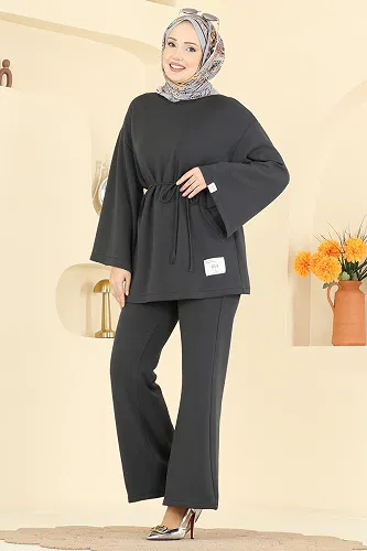 moda selvim طقم رمادي غامق 755OZN1046 - Thumbnail