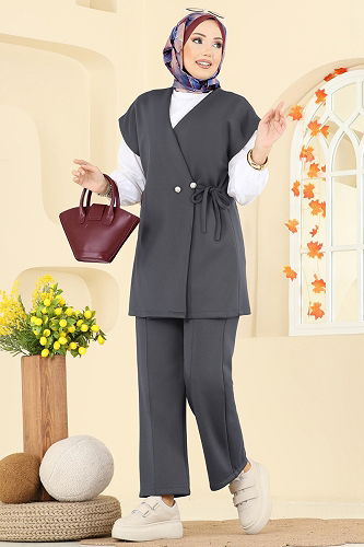 moda selvim طقم رمادي غامق 8002TEG847 - Thumbnail