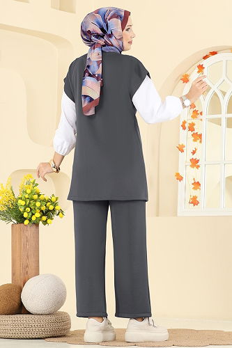 moda selvim طقم رمادي غامق 8002TEG847 - Thumbnail