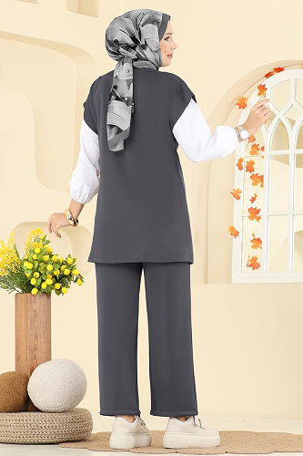 moda selvim طقم رمادي غامق 8002TEG847 - Thumbnail