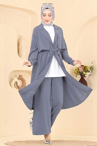 moda selvim طقم رمادي غامق 8006TRT545 - Thumbnail