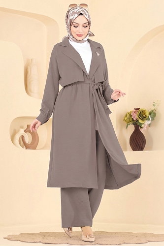 moda selvim طقم بيج غامق 8006TRT545 - Thumbnail