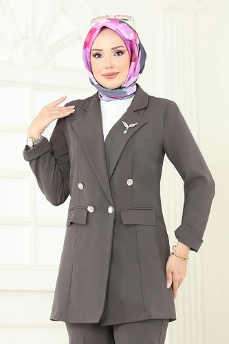 moda selvim طقم رمادي غامق 8021TRT545 - Thumbnail