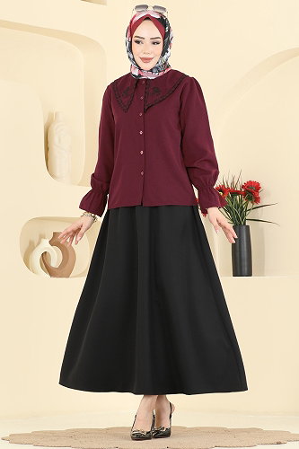 moda selvim طقم خمري و أسود 8045TEG847 - Thumbnail