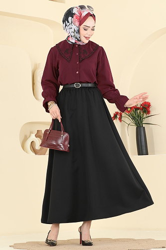 moda selvim طقم خمري و أسود 8045TEG847 - Thumbnail