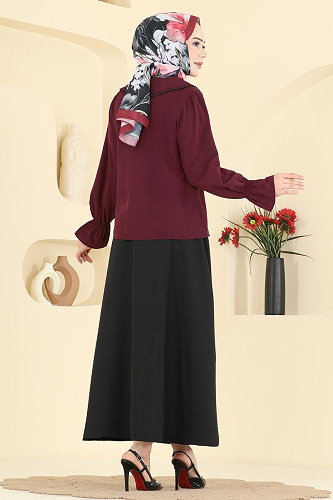 moda selvim طقم خمري و أسود 8045TEG847 - Thumbnail