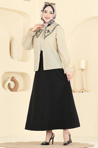 moda selvim طقم بيج وأسود 8045TEG847 - Thumbnail