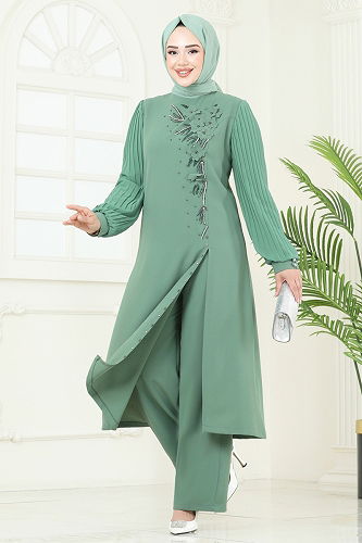 moda selvim طقم أخضر باهت 8058ABK1075 - Thumbnail