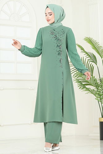 moda selvim طقم أخضر باهت 8058ABK1075 - Thumbnail