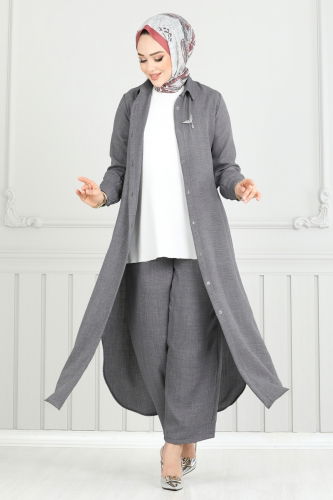 moda selvim طقم رمادي غامق 808OZN1046 - Thumbnail