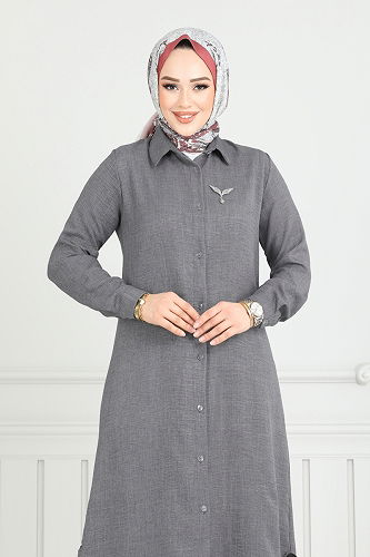 moda selvim طقم رمادي غامق 808OZN1046 - Thumbnail