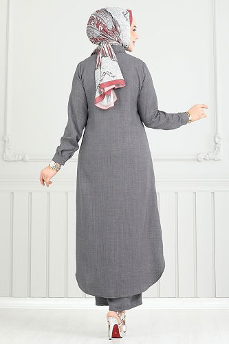 moda selvim طقم رمادي غامق 808OZN1046 - Thumbnail