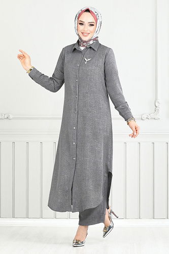 moda selvim طقم رمادي غامق 808OZR1047-M - Thumbnail