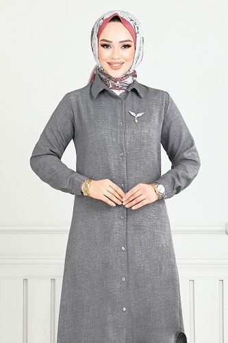 moda selvim طقم رمادي غامق 808OZR1047-M - Thumbnail