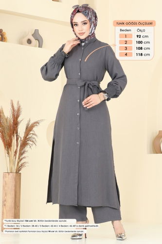 moda selvim طقم رمادي غامق 809OZN1046 - Thumbnail
