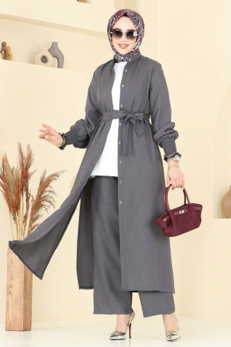 moda selvim طقم رمادي غامق 809OZN1046 - Thumbnail