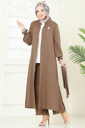 moda selvim طقم بيج غامق 809OZN1046 - Thumbnail