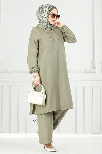 moda selvim طقم أخضر عشبي 824OZN1046 - Thumbnail